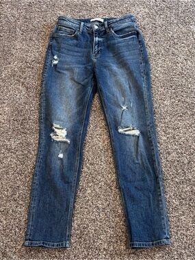 Flying Monkey Women's Straight Leg Ripped Jeans in Dark Blue